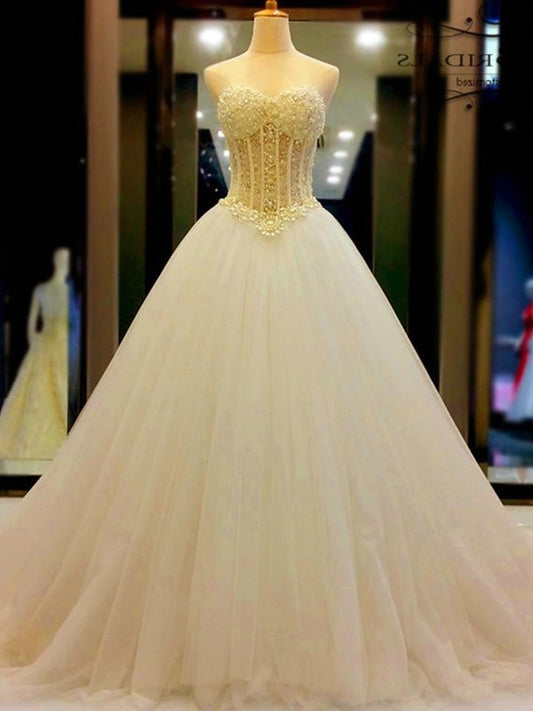 Court Ball Sweetheart Train Beading Gown Tulle Sleeveless Wedding Dresses