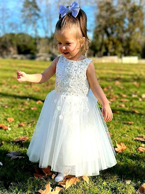 Sleeveless Bowknot Tulle Ankle-Length A-Line/Princess Scoop Flower Girl Dresses