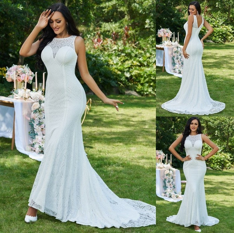 Sweep/Brush Ruffles Lace Scoop Sleeveless Trumpet/Mermaid Train Wedding Dresses