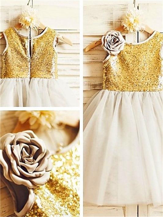 Sleeveless Sequin Tea-Length A-line/Princess Scoop Tulle Flower Girl Dresses