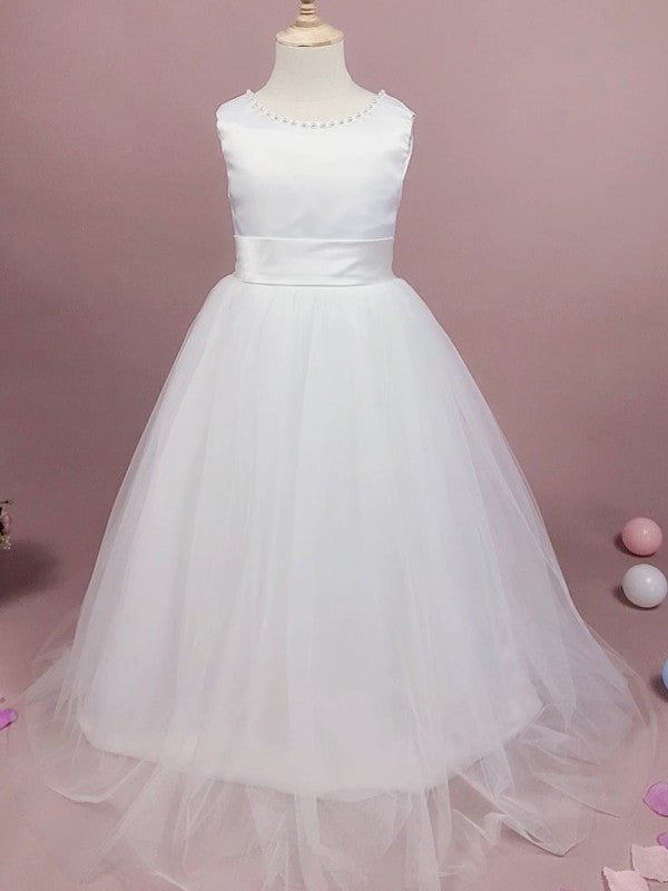 Floor-Length A-Line/Princess Scoop Bowknot Tulle Sleeveless Flower Girl Dresses