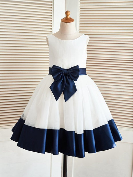 Satin Scoop A-Line/Princess Sleeveless Knee-Length Bowknot Flower Girl Dresses