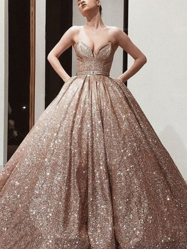 Sequins Gown Sweetheart Sash/Ribbon/Belt Ball Sleeveless Floor-Length Dresses