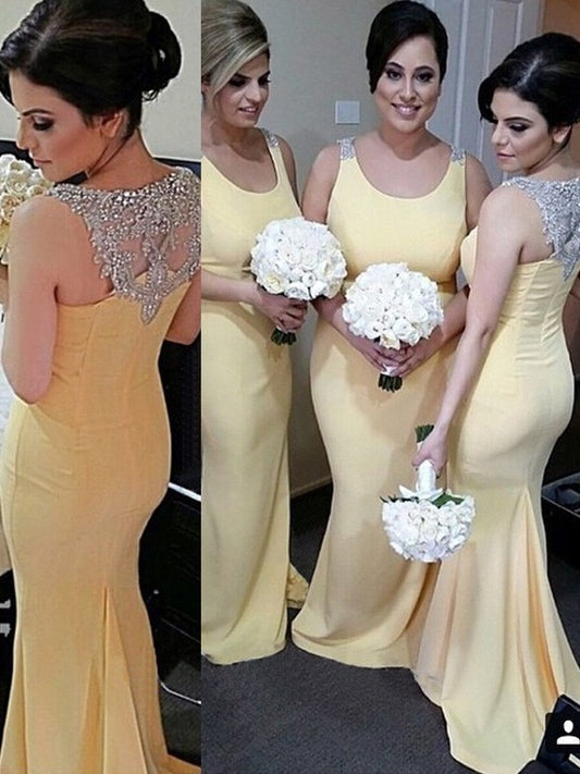 Sleeveless Floor-Length Trumpet/Mermaid Beading Scoop Satin Bridesmaid Dresses