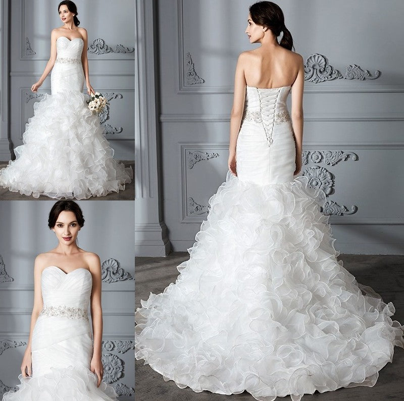 Sweep/Brush Sweetheart Trumpet/Mermaid Ruffle Train Sleeveless Satin Wedding Dresses