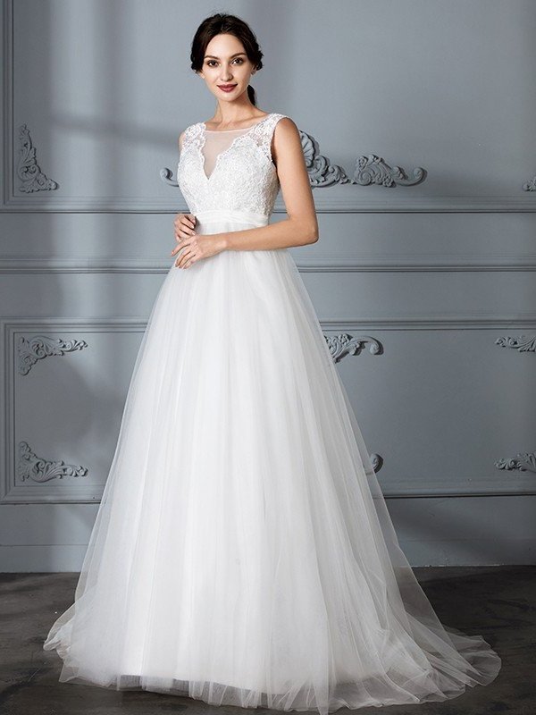 A-Line/Princess Train V-neck Sleeveless Sweep/Brush Tulle Wedding Dresses