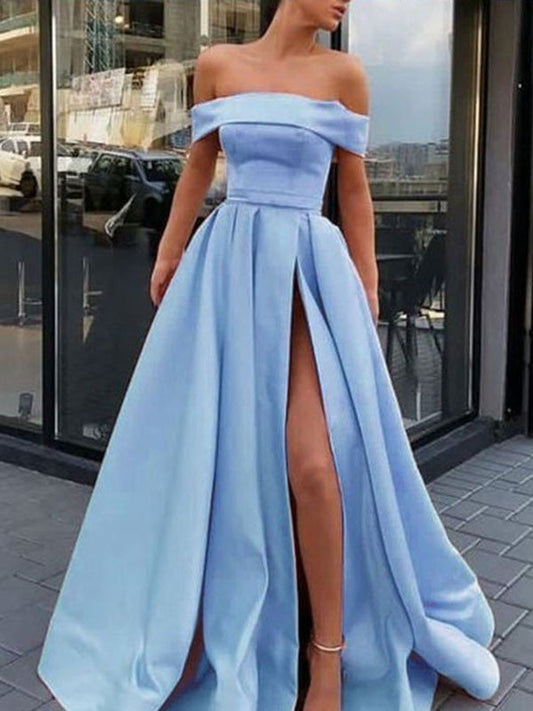 Off-the-Shoulder A-Line/Princess Sleeveless Train Sweep/Brush Ruffles Satin Dresses