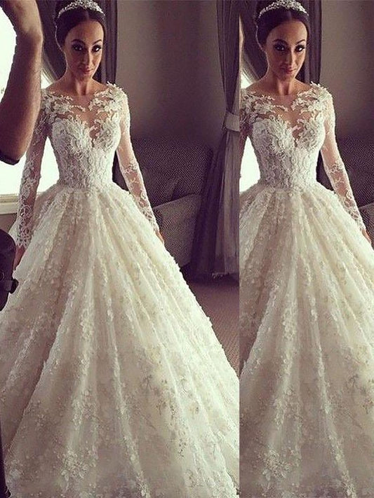 Ball Gown Long Scoop Train Sleeves Court Lace Wedding Dresses