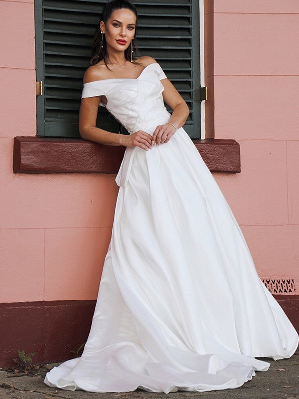 Court Ruched Satin Sleeveless A-Line/Princess Off-the-Shoulder Train Wedding Dresses