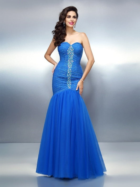 Sweetheart Trumpet/Mermaid Rhinestone Sleeveless Long Satin Dresses