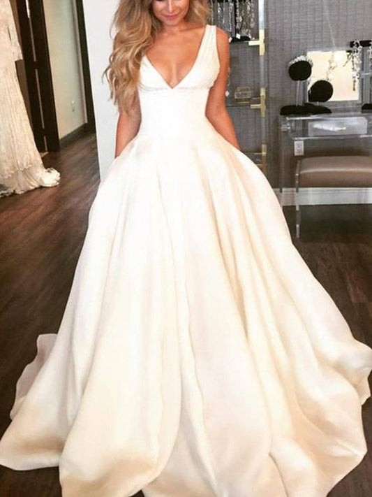 V-neck Train Ruffles Sleeveless Sweep/Brush A-Line/Princess Satin Wedding Dresses