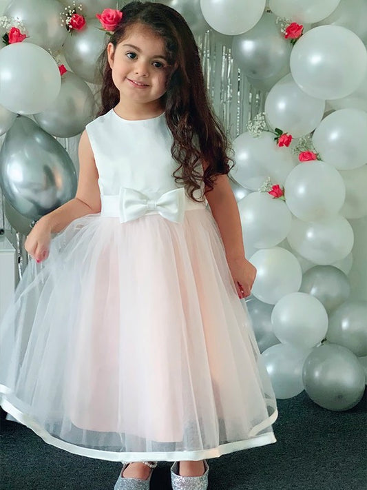 Organza Scoop Tea-Length A-Line/Princess Sleeveless Bowknot Flower Girl Dresses