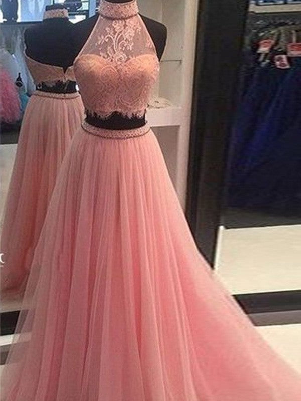 Lace High Neck Tulle Floor-Length Sleeveless A-Line/Princess Two Piece Dresses