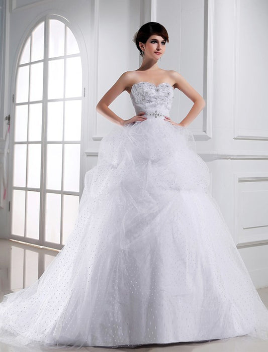 Sweetheart Gown Beading Satin Ball Sleeveless Applique Tulle Wedding Dresses