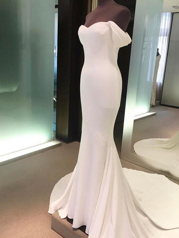 Court Off-the-Shoulder Sleeves Sheath/Column Train Short Spandex Wedding Dresses