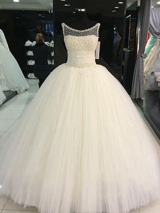 Sleeveless Beading Ball Gown Scoop Tulle Floor-Length Wedding Dresses