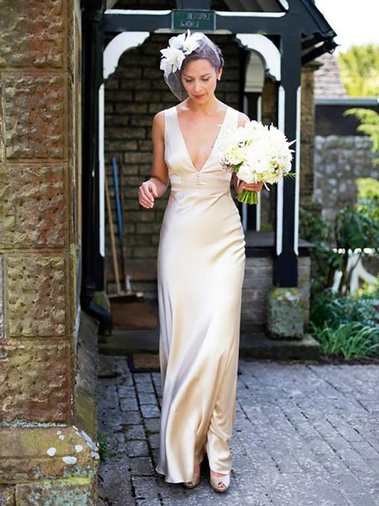 Satin Sheath/Column Sleeveless V-neck Floor-Length Wedding Dresses