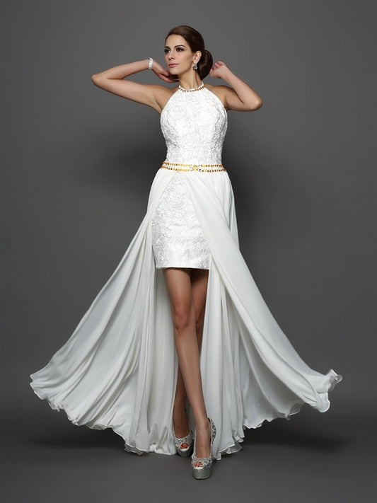 Neck High Lace A-Line/Princess Sleeveless Long Chiffon Wedding Dresses