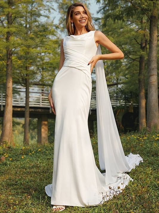 Ruched Sweep/Brush Satin Sleeveless Scoop Sheath/Column Train Wedding Dresses