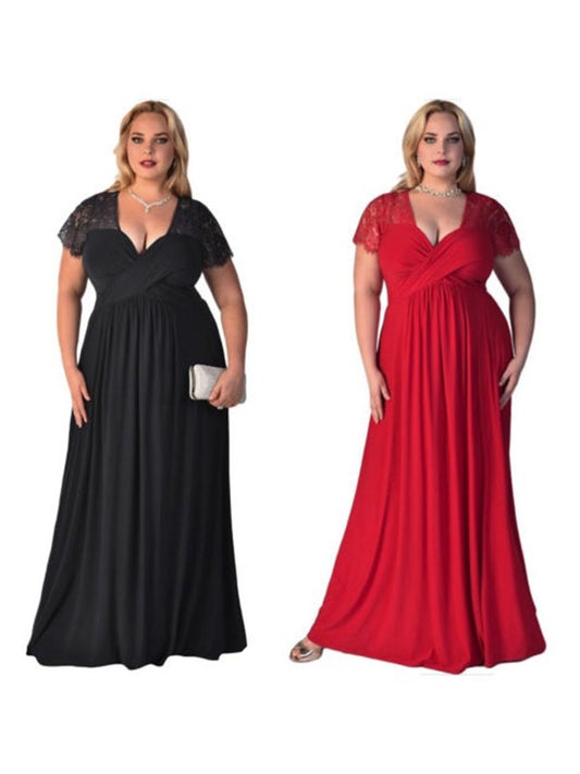 V-neck Floor-Length Short A-Line/Princess Sleeves Chiffon Lace Plus Size Dresses