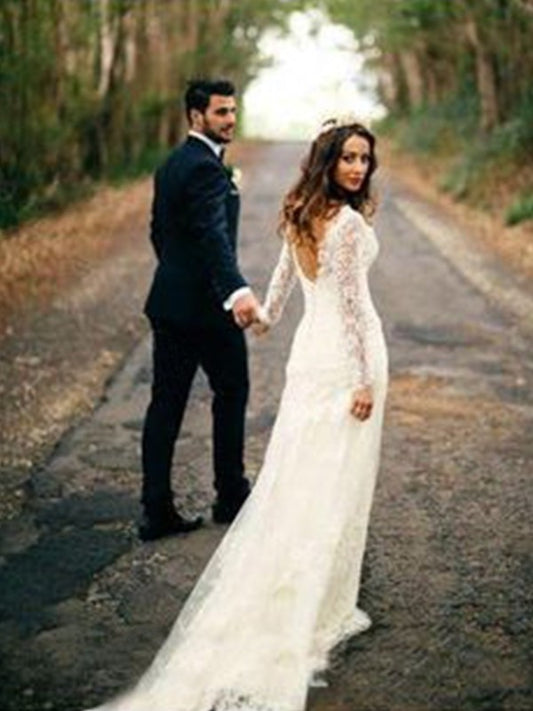 Train Sheath/Column V-neck Sleeves Applique Court Long Lace Wedding Dresses