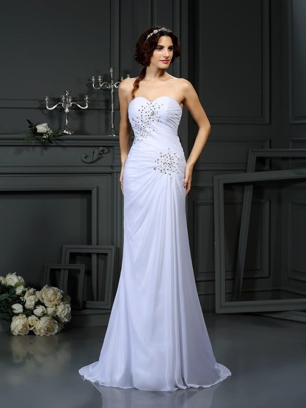 Long Sleeveless Sheath/Column Sweetheart Beading Chiffon Wedding Dresses