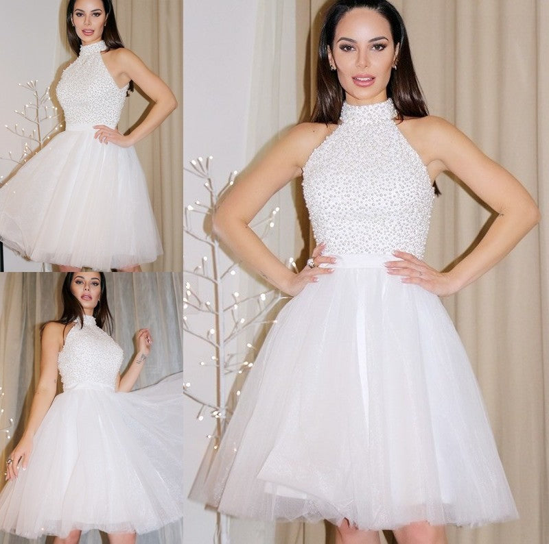 Sleeveless Tulle Beading A-Line/Princess Halter Short/Mini Homecoming Dresses