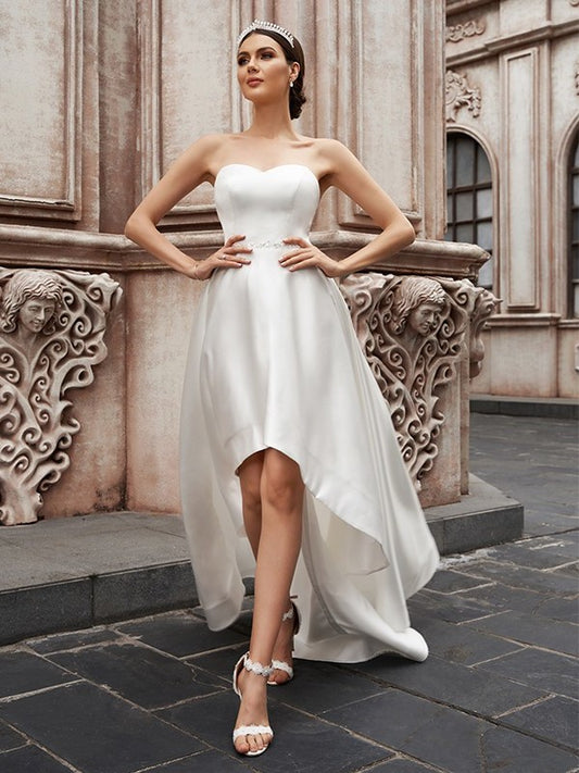 Sleeveless Ruffles Satin Sweetheart A-Line/Princess Asymmetrical Wedding Dresses