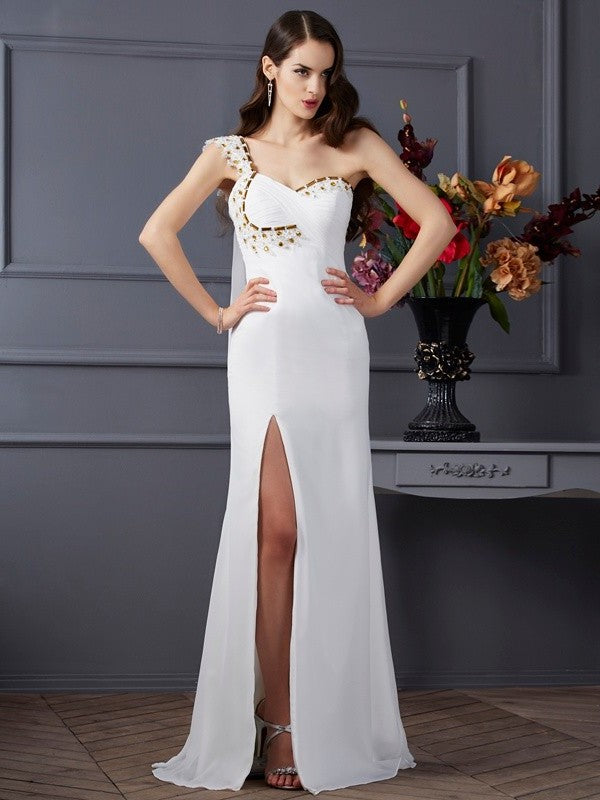 Sleeveless A-Line/Princess Beading One-Shoulder Long Chiffon Dresses