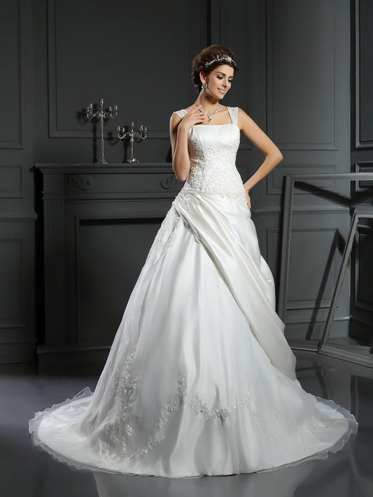 Ball Straps Gown Sleeveless Applique Long Satin Wedding Dresses