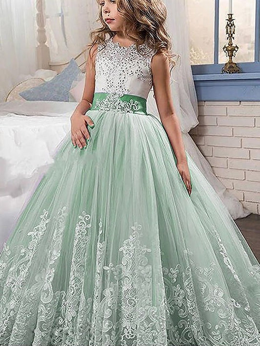 Jewel Sleeveless Gown Ball Lace Train Tulle Sweep/Brush Flower Girl Dresses