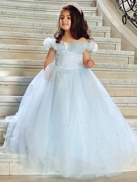 Gown Floor-Length Sleeveless Tulle Rhinestone Ball Off-the-Shoulder Flower Girl Dresses