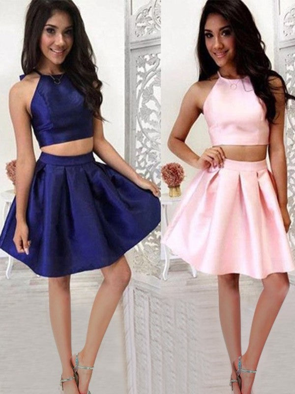 Halter Sleeveless Satin A-Line/Princess Short/Mini Ruffles Two Piece Dresses