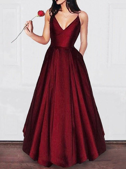 V-neck Floor-Length A-Line/Princess Ruffles Satin Dresses