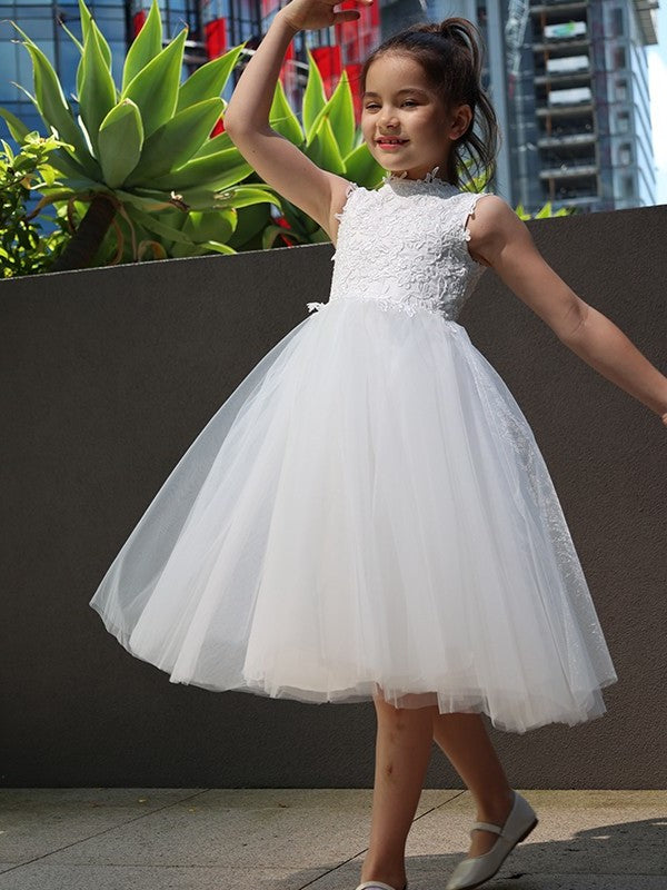 Knee-Length Tulle Lace Sleeveless Neck A-Line/Princess High Flower Girl Dresses