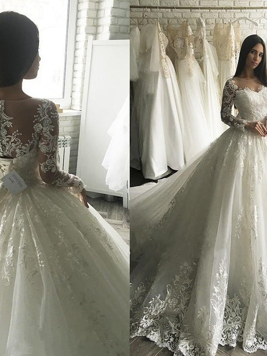 Sleeves Ball Scoop Applique Gown Long Court Tulle Train Wedding Dresses