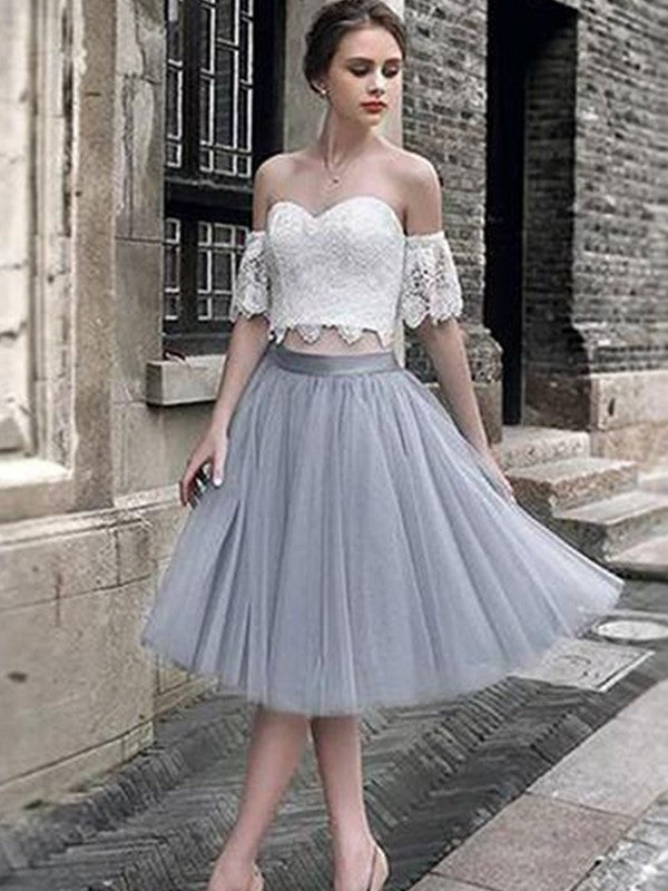 Dahlia A-Line/Princess Homecoming Dresses Lace Sweetheart Tulle Sleeveless Tea-Length Two Piece Dresses