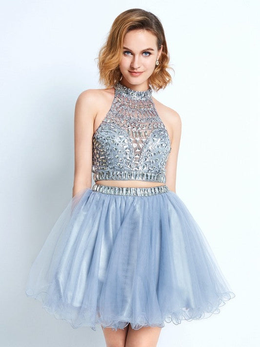 A-Line/Princess High Neck Sleeveless Beading Short/Mini Homecoming Dresses Net Two Piece Cameron Dresses