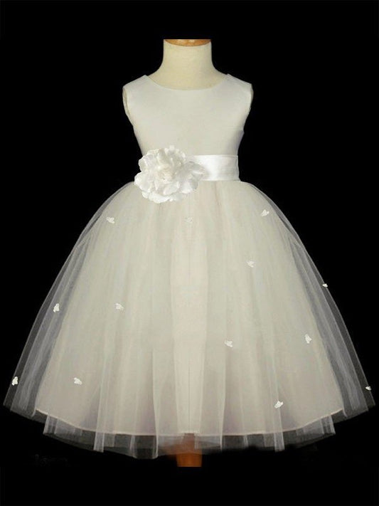 Sleeveless Tulle Long Scoop Flower A-line/Princess Hand-made Flower Girl Dresses