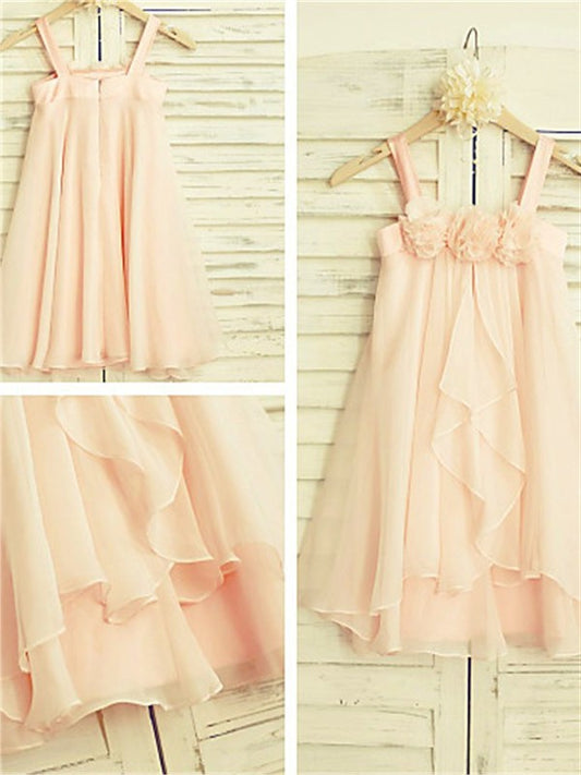 Spaghetti Straps Chiffon Tea-Length Ruffles A-line/Princess Sleeveless Flower Girl Dresses