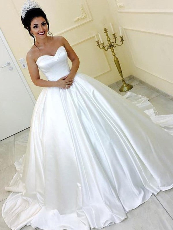 Ball Gown Satin Sweetheart Sash/Ribbon/Belt Sleeveless Cathedral Train Wedding Dresses