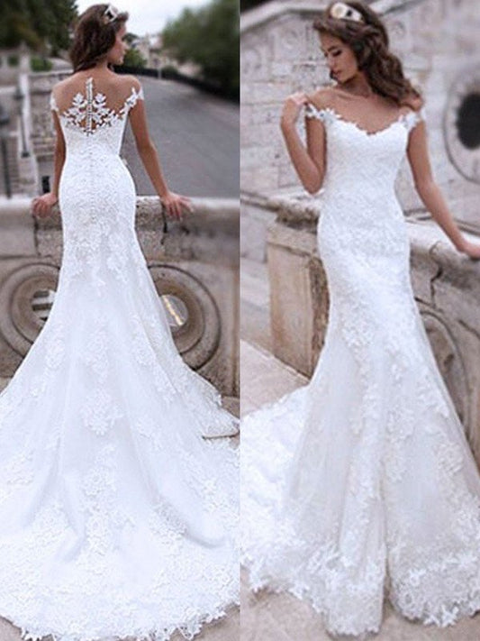 Trumpet/Mermaid Tulle Sweep/Brush Applique Sleeveless Off-the-Shoulder Train Wedding Dresses