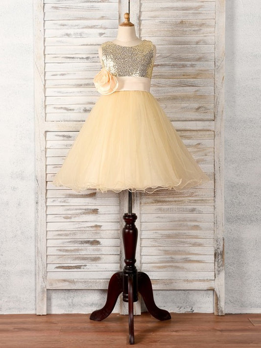 Flower Tulle Sleeveless Hand-Made Scoop A-Line/Princess Tea-Length Flower Girl Dresses