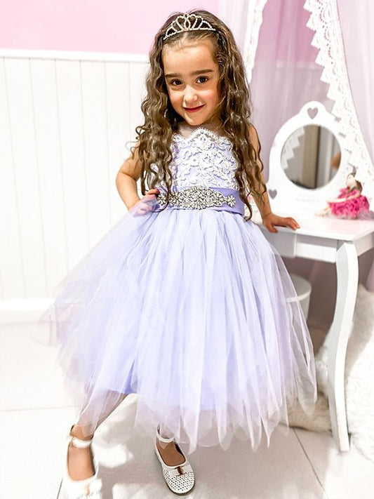 A-Line/Princess Scoop Knee-Length Lace Tulle Sleeveless Flower Girl Dresses