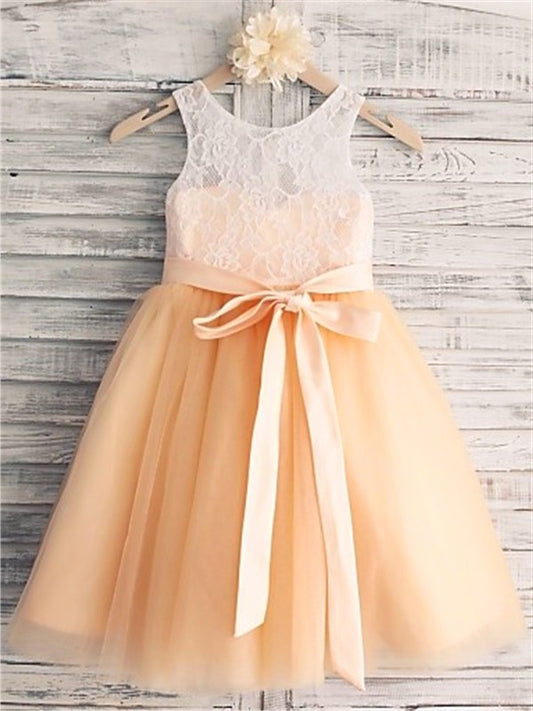 Tea-Length A-line/Princess Tulle Sash/Ribbon/Belt Sleeveless Scoop Flower Girl Dresses