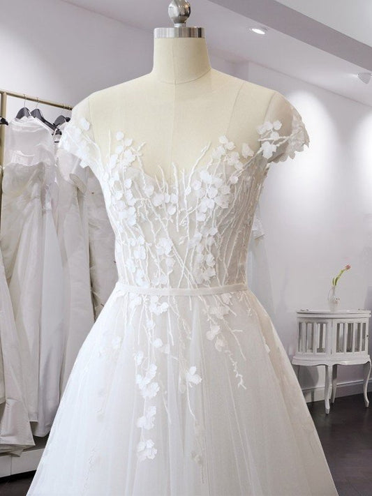 V-neck Short A-Line/Princess Sleeves Train Court Applique Tulle Wedding Dresses