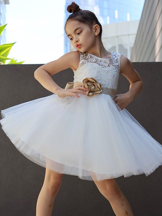 Sleeveless Lace Knee-Length A-Line/Princess Tulle Scoop Flower Girl Dresses