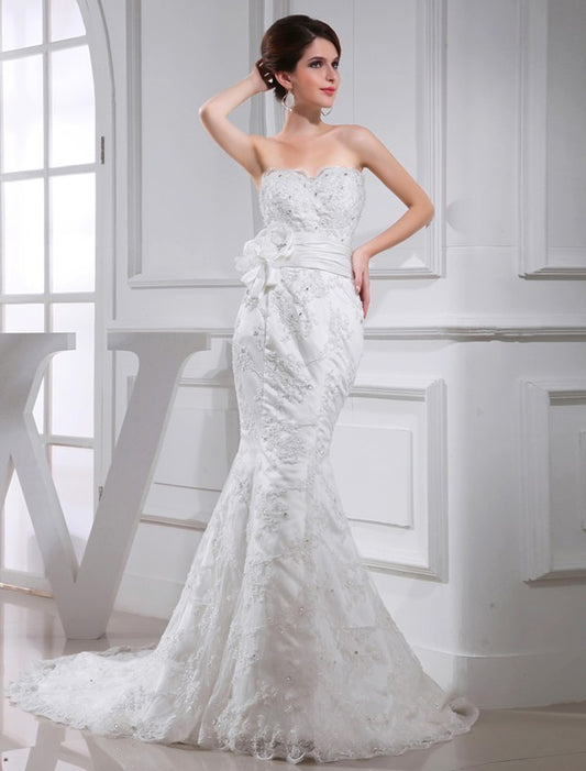 Beading Sleeveless Sweetheart Trumpet/Mermaid Satin Wedding Dresses