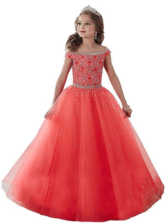 Sleeveless Ball Floor-Length Tulle Off-the-Shoulder Gown Beading Flower Girl Dresses