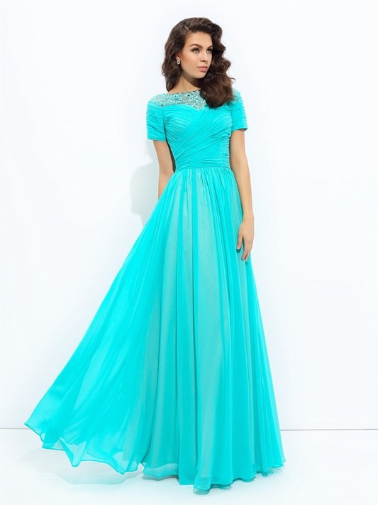 Lace A-line/Princess Short Bateau Sleeves Long Chiffon Dresses